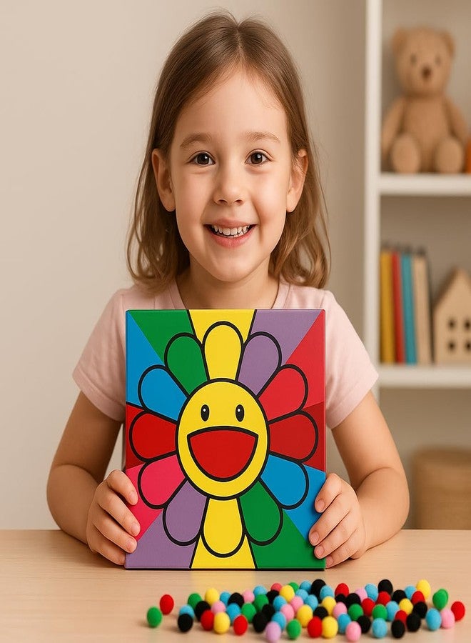 CHEFERYN Colorful Smiley Flower Pom-Pom Art Canvas Kit for Kids - 8x8 Inch DIY Craft Painting Kit - Easy & Fun Creative Activity for Boys & Girls - Wall Décor for Bedroom or Playroom - Image 2